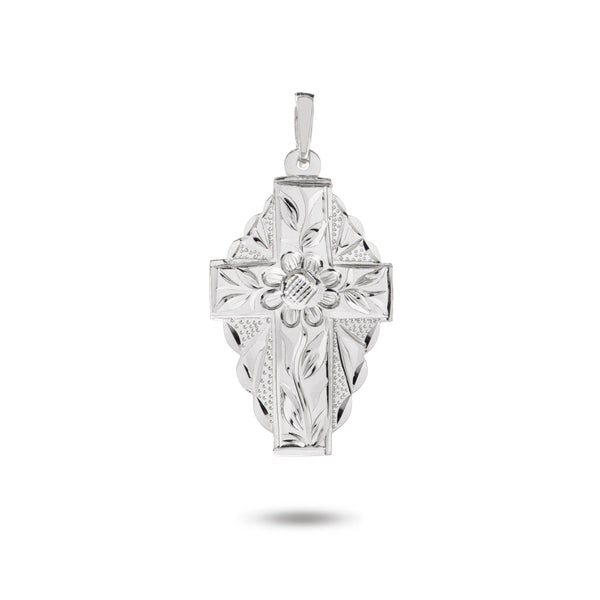 14K White Gold Spanish Cross Flower Pendant