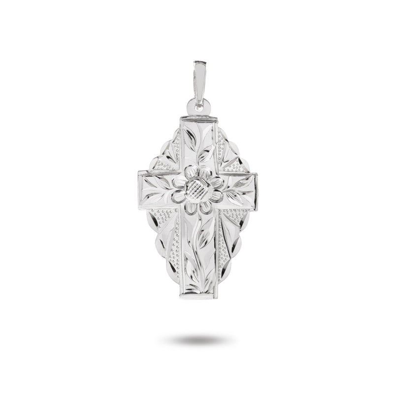 14K White Gold Spanish Cross Flower Pendant