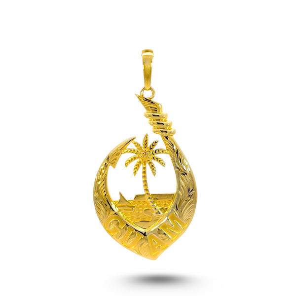 14K Yellow Gold Guam Seal Hawaiian Leaf Fish Hook Pendant