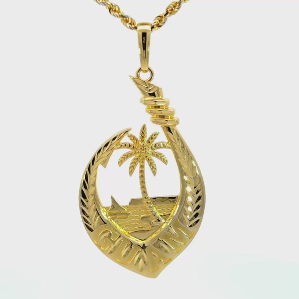 14K Yellow Gold Guam Seal Diamond Cut V Fish Hook Pendant