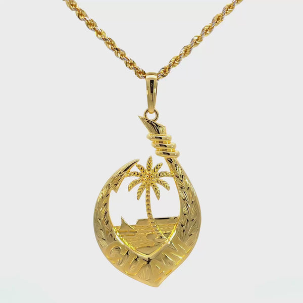 14K Yellow Gold Guam Seal Guam Leaf Fish Hook Pendant