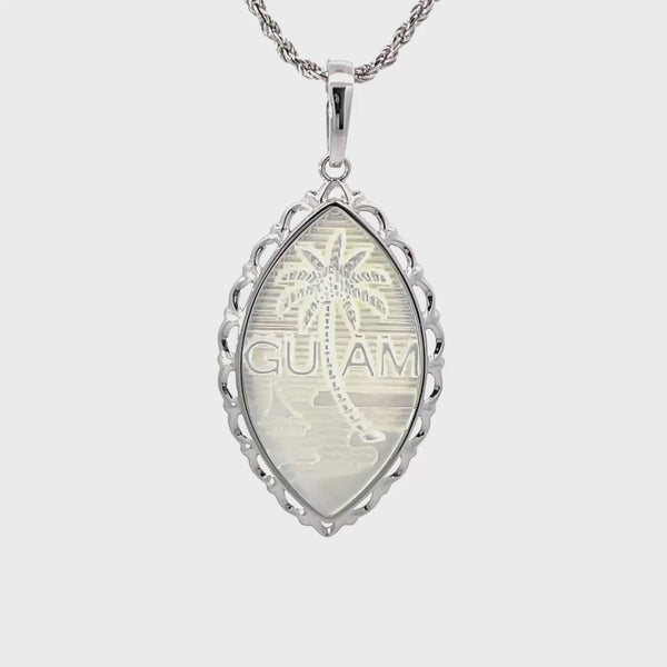 14K White Gold Mother of Pearl Guam Seal Plain Wave Pendant