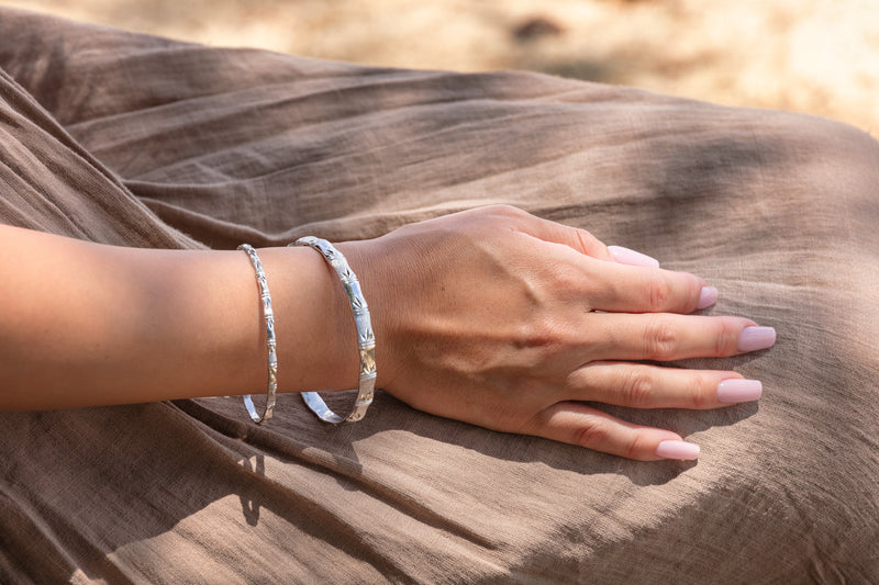 Silver Bamboo Bangle With Leaf Detail | 7MM Thickness