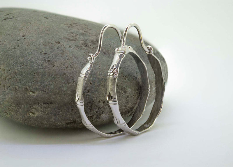 10K White Gold Bamboo Leaf Hoop Earrings